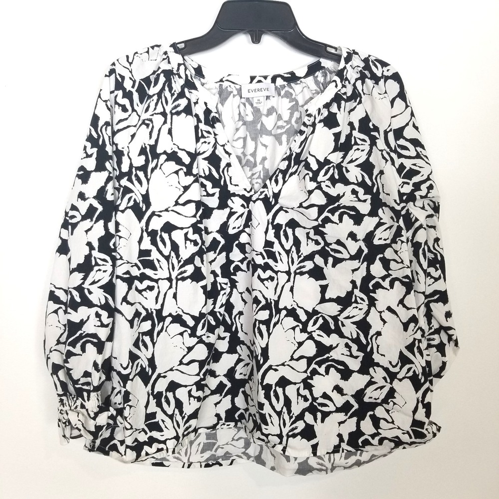 Evereve Women Floral Popover Blouse Top Sz XL V Neck Long Sleeve Boho Cotton